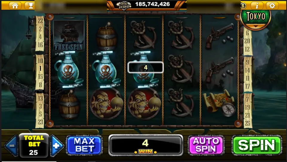 Phantom Island at total bet 25 with a ghost ship on reel 1 and a line win of 4