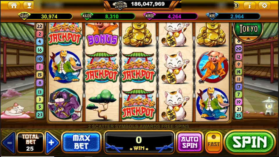 Pig Of Fury reels with JACKPOT and BONUS symbols, lucky cats, a laughing Buddha and a kung fu pig