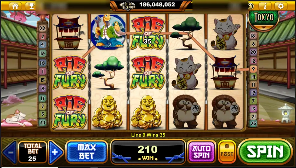 Stacked Pig Of Fury logos on reel 1 and a line 9 win of 35, total win 210