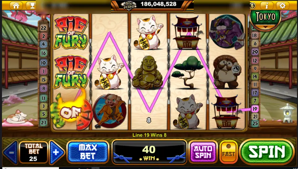 Pig Of Fury line 19 win of 8 with lucky cats and a noodle stall, win 40