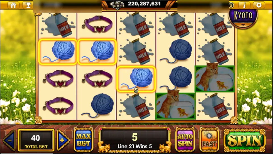 Pop Kittens line 21 win of 5 on yarn balls, with two kittens by a goldfish bowl