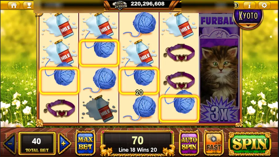 Pop Kittens yarn wins on line 18 with Furball and the 3x badge on reel 5, win 70