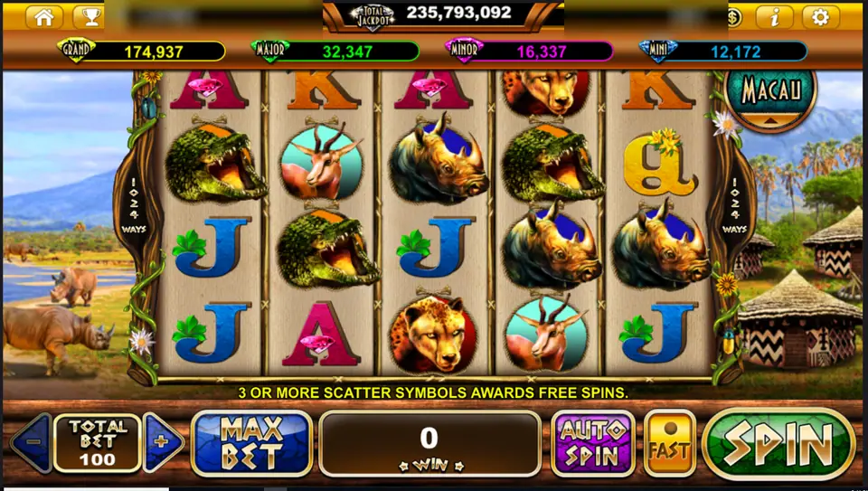 Rhino Crash reels with rhinos, crocodiles, a gazelle and a cheetah, with rhinos by a river in the background