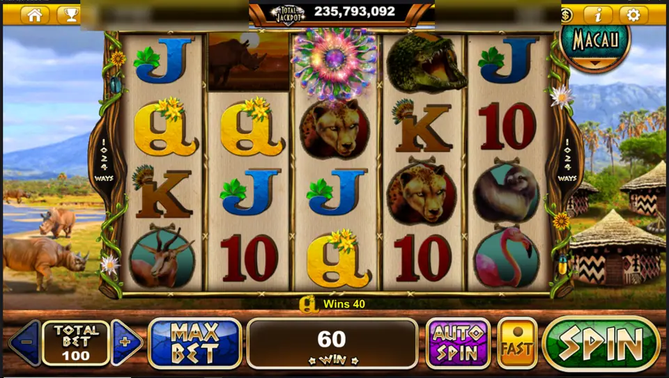 Rhino Crash with a flower symbol on reel 3 and a sloth and flamingo on reel 5, win 60