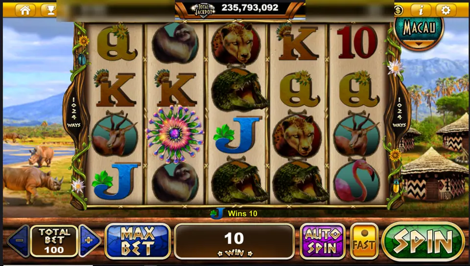 A flower symbol on reel 2 and a J win of 10 in Rhino Crash, total bet 100