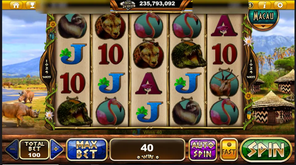 Rhino Crash reels with sloths, flamingos, crocodiles and a cheetah, win 40