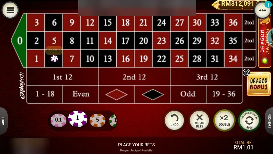 Dragon Jackpot Roulette betting table on Lpe88 with a chip on 4, a total bet of RM1.01 and the Dragon Jackpot and Dragon Bonus buttons