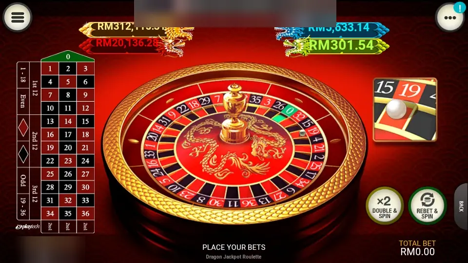 Dragon Jackpot Roulette on Lpe88 with the ball landing on 19 and the Double & Spin and Rebet & Spin buttons