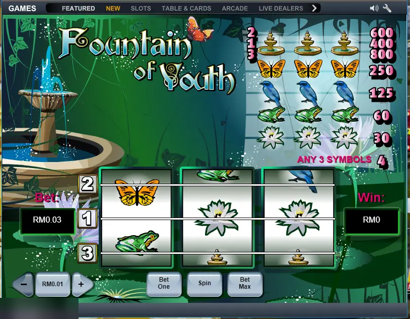 Fountain of Youth on Lpe88 with three reels, lines 1 to 3 and the pay table of fountains, butterflies, birds, frogs and lotuses