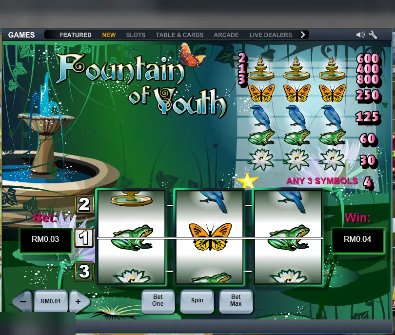 Fountain of Youth spin on Lpe88 with a butterfly between two frogs on line 1 and a RM0.04 win