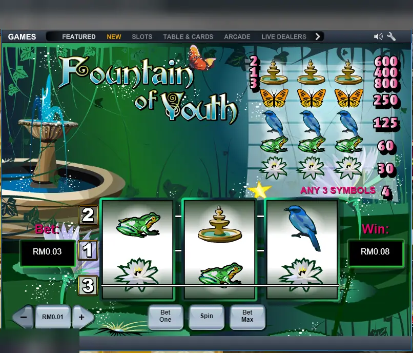 Fountain of Youth on Lpe88 showing a frog, a fountain and a blue bird across the reels, win RM0.08
