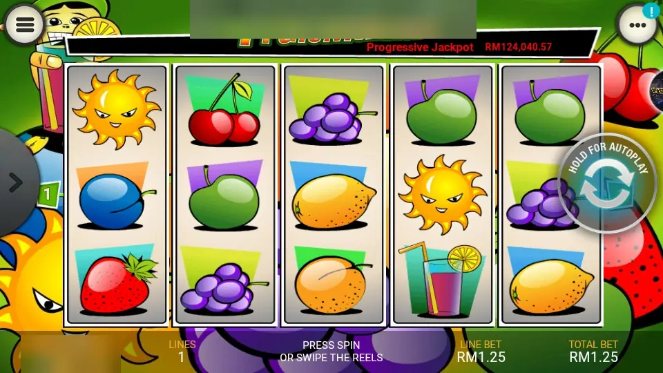 Fruit Mania on Lpe88 before a spin, with a sun, cherries, plums, apples and grapes on the reels and the autoplay button