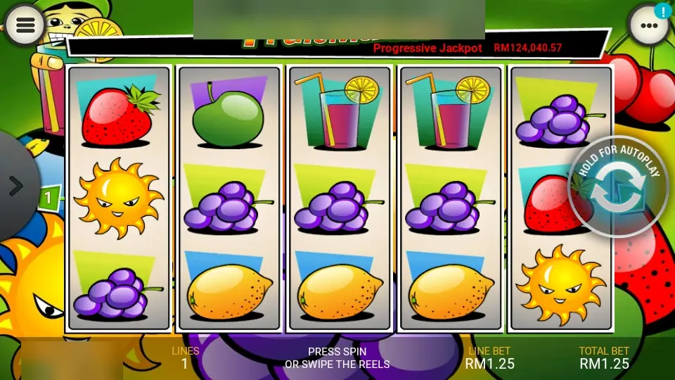 Fruit Mania on Lpe88 with a strawberry, a sun, grapes, two cocktail glasses and lemons on five reels, progressive jackpot above