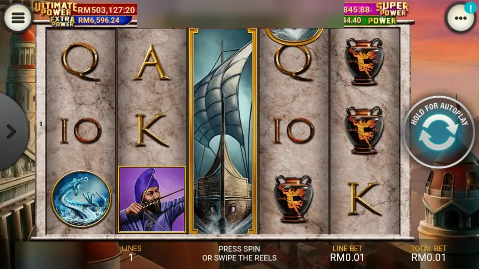 God of Storm on Lpe88 with a sailing ship stacked on reel 3, a Greek vase, an archer and a sea serpent medallion on marble reels