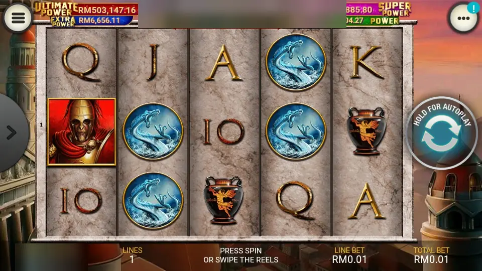 God of Storm on Lpe88 with a Spartan helmet, sea serpent medallions and vases, the four jackpot meters along the top