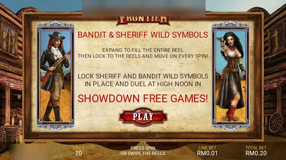 Heart of the Frontier intro screen on Lpe88 explaining the Bandit and Sheriff wilds and Showdown free games