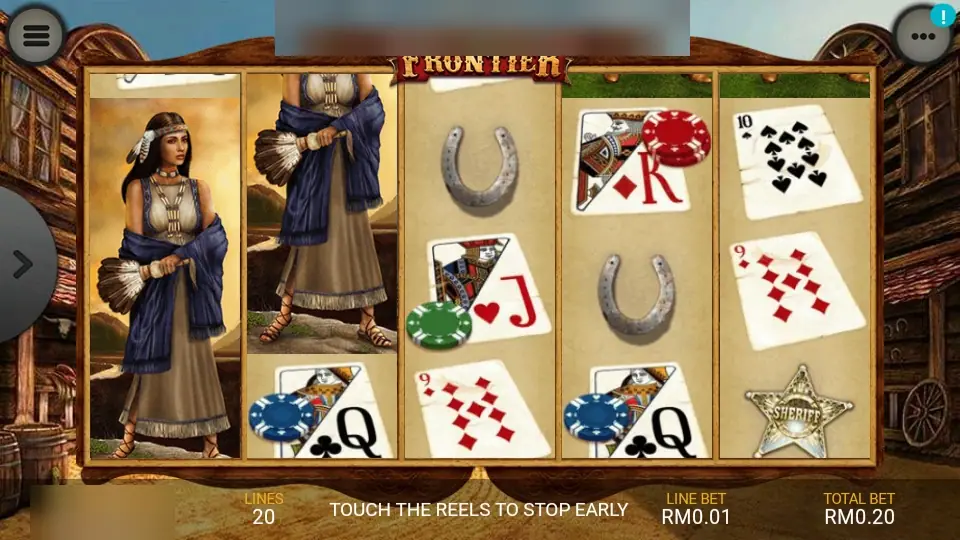 Heart of the Frontier on Lpe88 with a woman in a blue shawl stacked across reels 1 and 2, horseshoes and card symbols