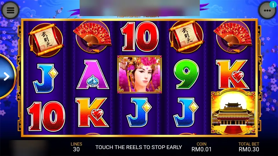 Heavenly Ruler on Lpe88 with the empress on reel 3, scrolls, red fans and the golden palace on reel 5