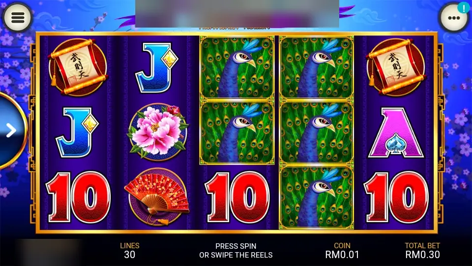 Heavenly Ruler on Lpe88 with peacocks stacked on reels 3 and 4, scrolls, a peony and a red fan on purple reels