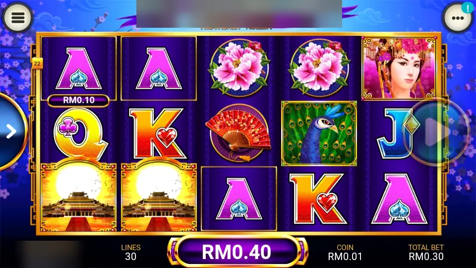 Heavenly Ruler on Lpe88 paying RM0.40 with two aces and two golden palaces on reels 1 and 2