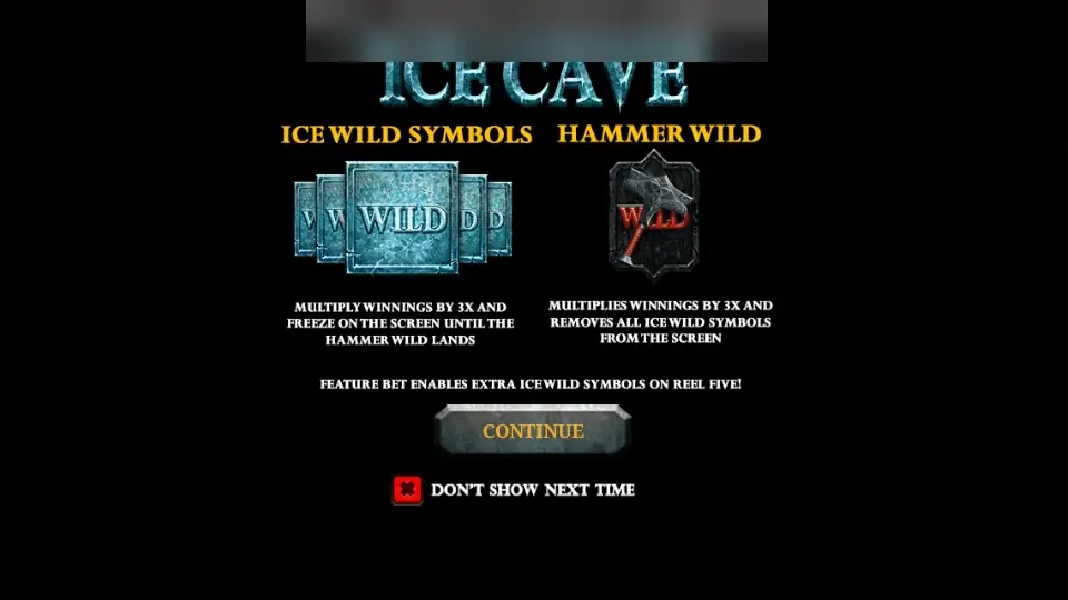 Ice Cave intro screen on Lpe88 explaining the Ice Wild symbols, the Hammer Wild and the Feature Bet