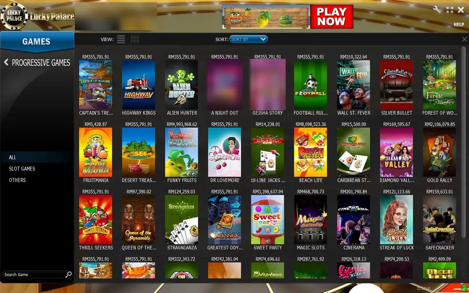 Lucky Palace desktop lobby on the Progressive Games tab, a grid of slot tiles each with its jackpot amount in RM
