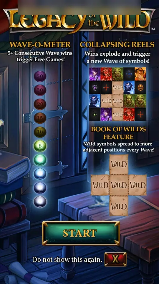 Legacy of the Wild intro screen on Lpe88 with the Wave-O-Meter, Collapsing Reels and Book of Wilds explanations