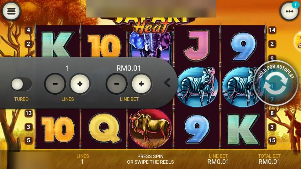 Safari Heat on Lpe88 with the settings panel open showing the turbo switch, 1 line and a RM0.01 line bet