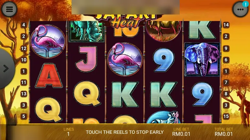 Safari Heat on Lpe88 with flamingos on reels 1 and 3, an elephant on reel 5 and card symbols
