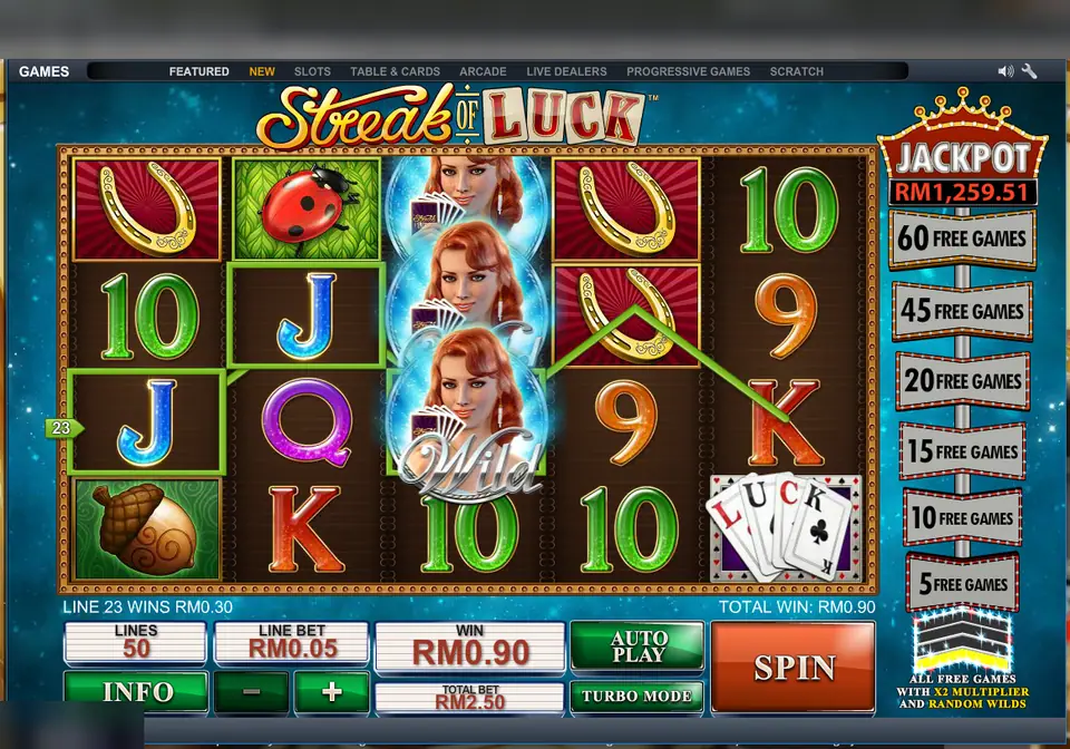 Streak of Luck on Lpe88 with a stacked red-haired wild on reel 3, line 23 paying RM0.30 and the free games ladder on the right