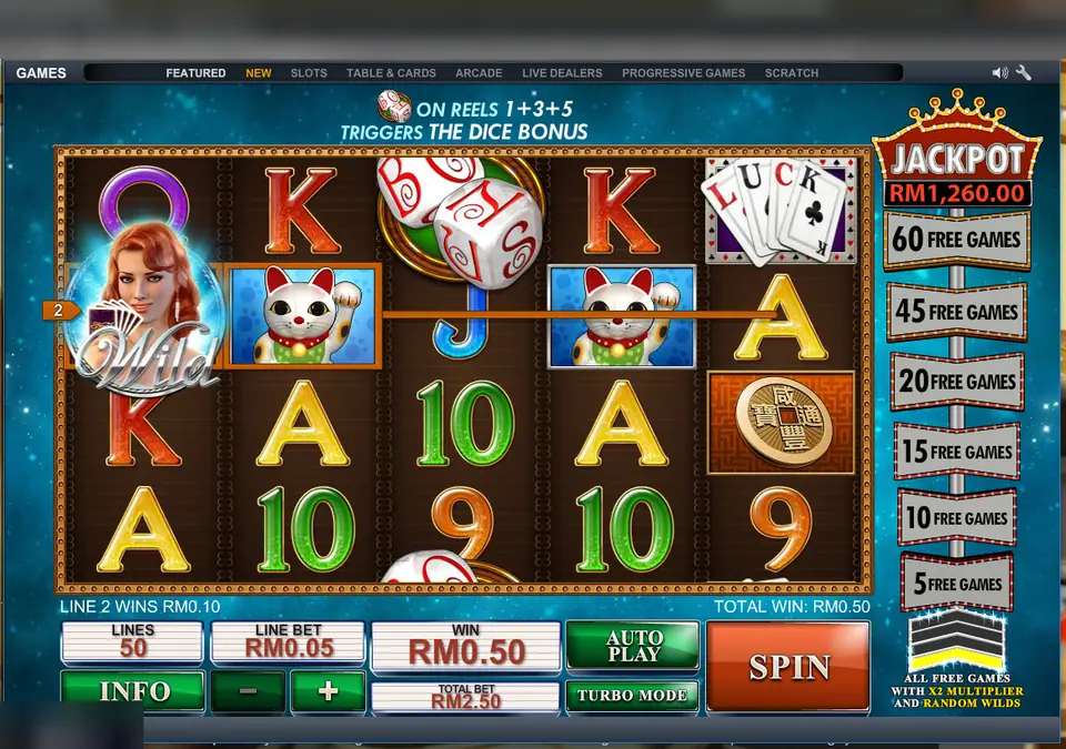 Streak of Luck on Lpe88 with a wild on reel 1, two lucky cats on line 2 and the banner Dice on reels 1+3+5 triggers the dice bonus