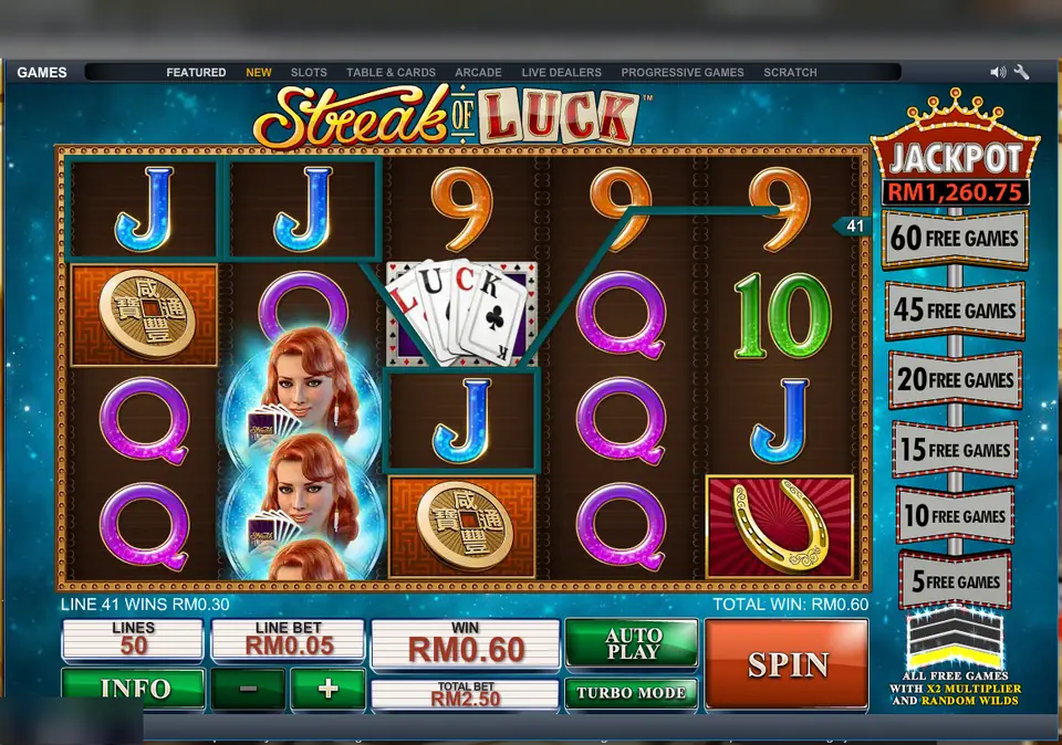 Streak of Luck on Lpe88 with the stacked wild on reel 2 and line 41 paying RM0.30, total win RM0.60