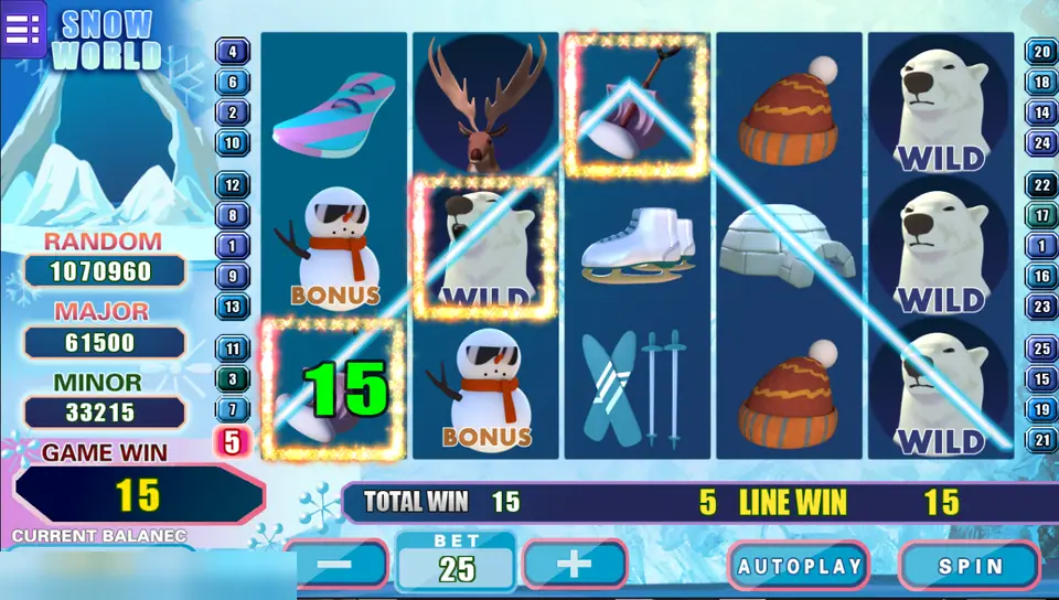 Snow World with a polar bear wild on reel five and a win of 15 on line 5 running from a shovel through a wild