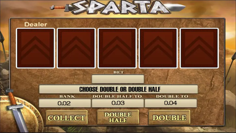 Sparta gamble screen with five face-down cards and Collect, Double Half and Double buttons