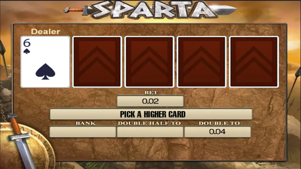 Sparta gamble after the dealer turns a 6 of spades, with the prompt Pick a higher card and Double To 0.04