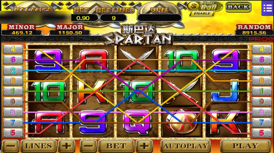 Spartan reels with all nine paylines drawn in different colours, crossed swords, a shield with a lambda and Bet Lines set to 9