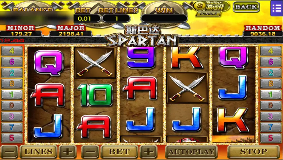 Spartan with one line selected at 0.01, crossed swords on reels two and four and the card values in red, green, blue and purple