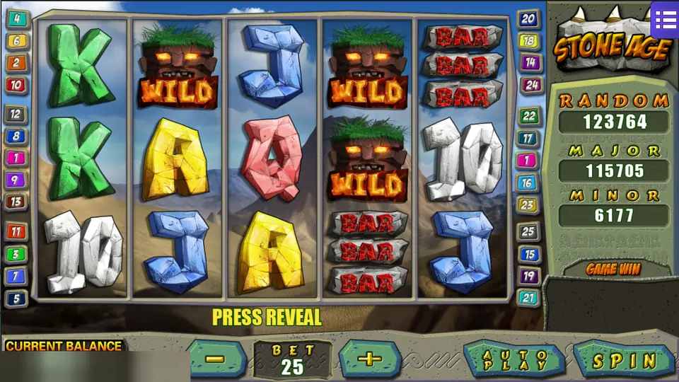 Stone Age with totem wilds on reels two and four, triple BARs and stone letters, and Press Reveal under the reels