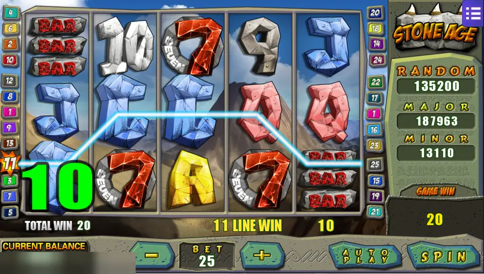 Stone Age with a win of 10 on line 11 through three blue J symbols and a total win of 20