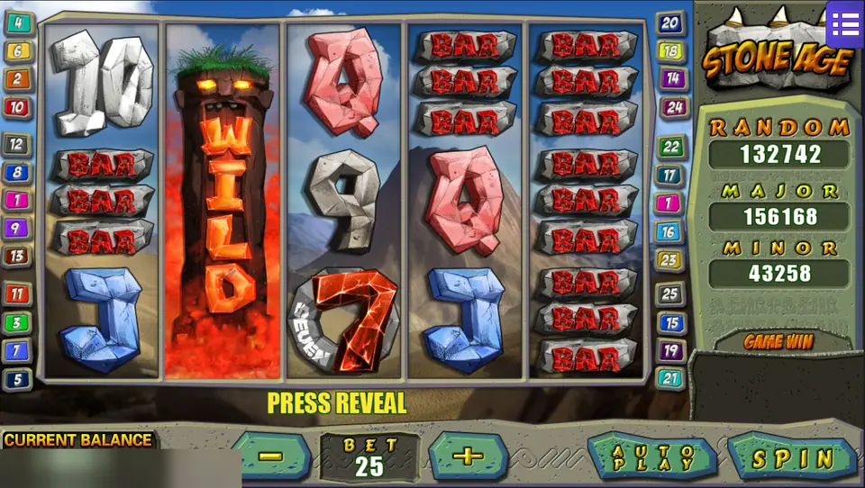 Stone Age with a lava totem Wild filling reel two, stone BAR stacks on reels four and five and the message Press Reveal