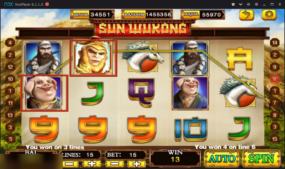 Sun Wukong reels with the Monkey King, the pig, the bearded monk and the white horse, a row of 9s and a line win across the top