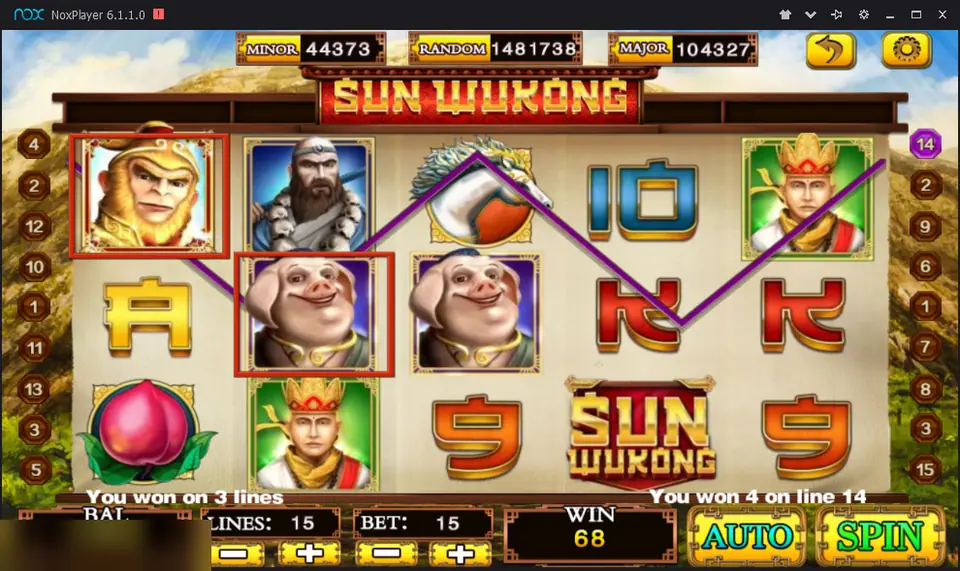 Sun Wukong with the Monkey King on reel one, pigs on reels two and three, the title tile on reel four and a win of 68