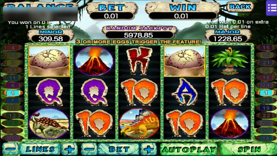 T-Rex with two eggs on reels one and four, volcanoes, an armoured dinosaur and a banner saying 3 or more eggs trigger the feature