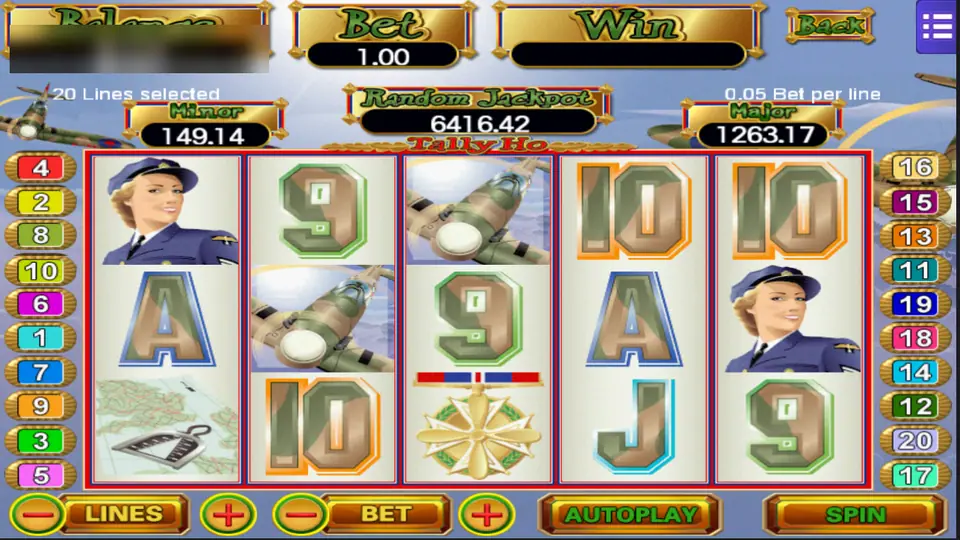 Tally Ho at 20 lines and 1.00 a spin, with the officer on reels one and five, two planes and the medal