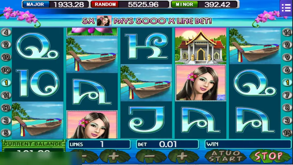 Thai Paradise with the banner 5x pays 5000 x line bet, the temple and the girl on reel four and boats on reels one, two and three