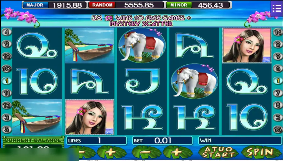 Thai Paradise with two white elephants, two long-tail boats and the banner 3x lotus wins 10 free games plus mystery scatter