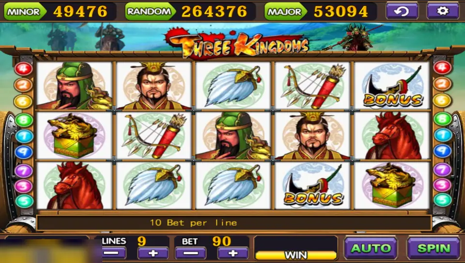Three Kingdoms reels with a general in a green hat, a crowned lord, a feather fan, a bow and quiver, a red horse, a jade seal and two Bonus symbols