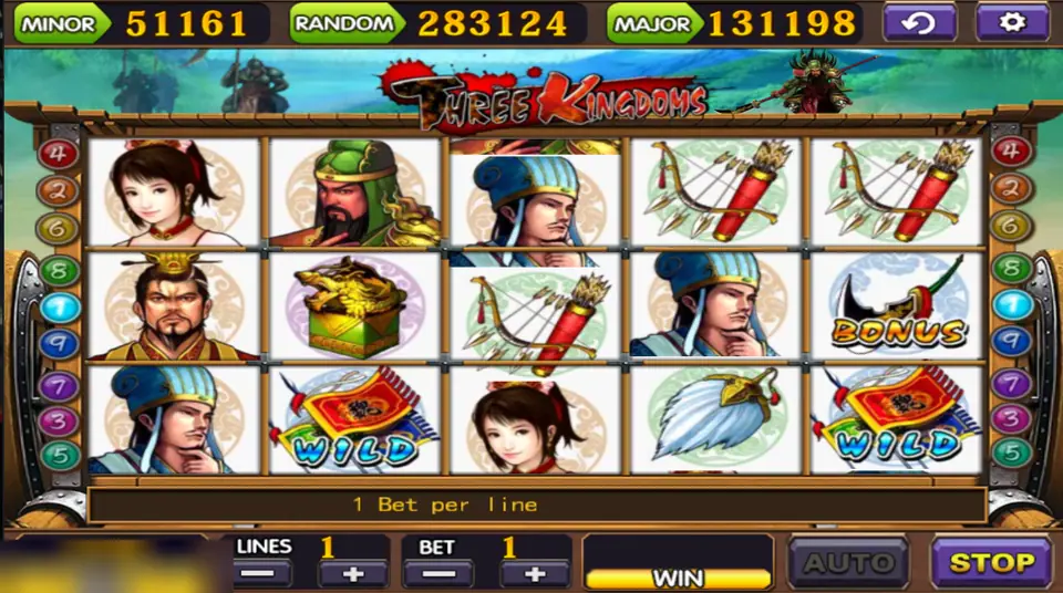 Three Kingdoms with war flag wilds on reels two and five, the strategist in his blue cap, the young woman and a Bonus symbol