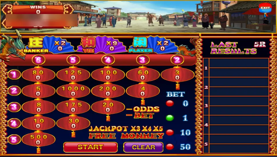 Monkey Thunderbolt betting board with paper lanterns showing the odds for each pair of monkeys, Banker, Tie and Player fans and a Last Results column