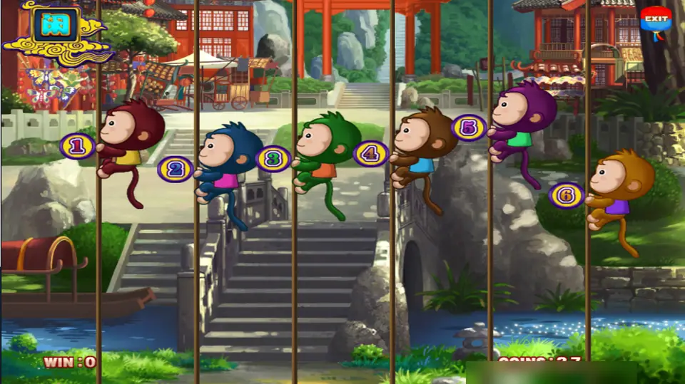 Monkeys climbing poles in front of a Chinese town at the start of the race, with Win 0 and Coins 27